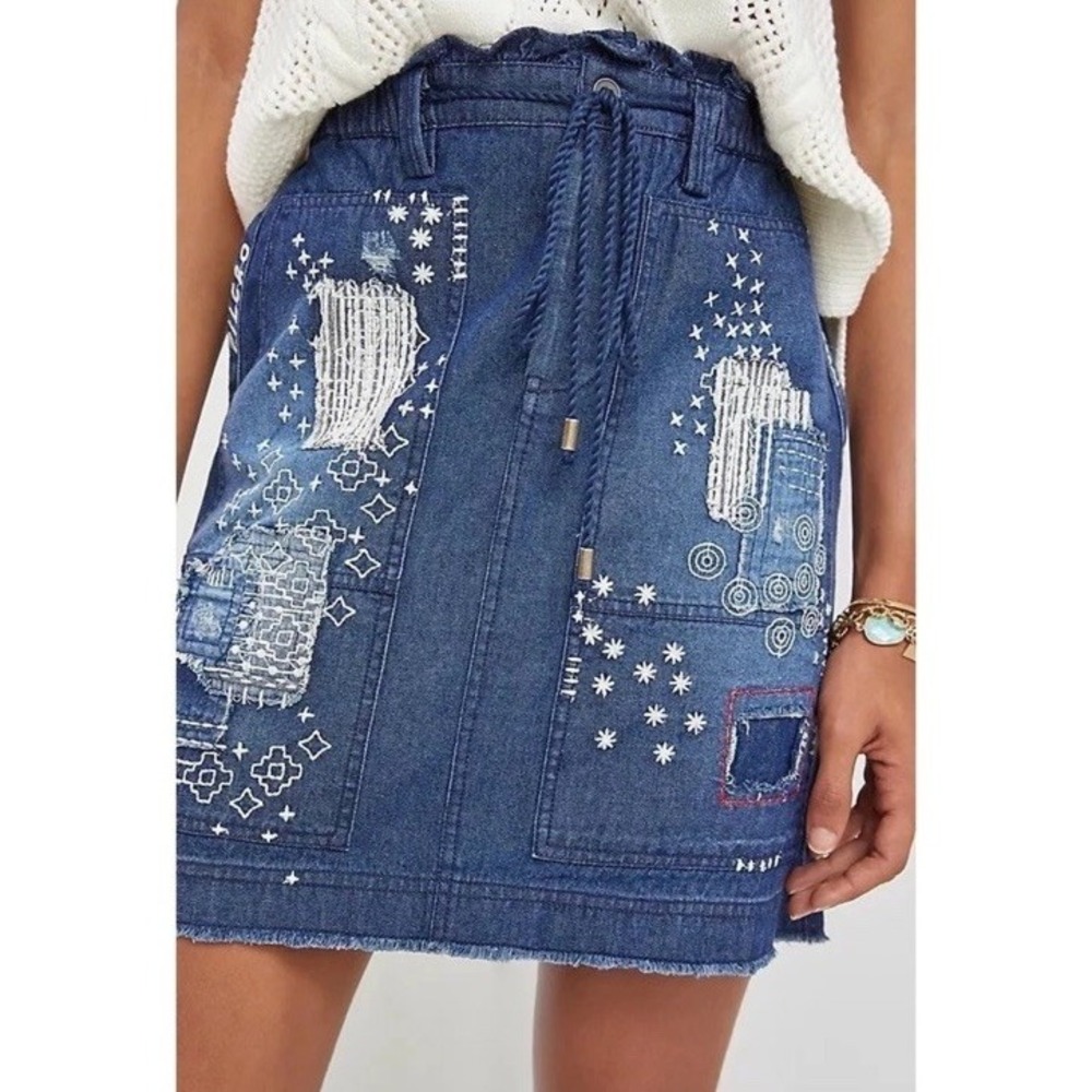 Anthropologie PILCRO Blue Denim Skirt Embroidered Embellished Patchwork S